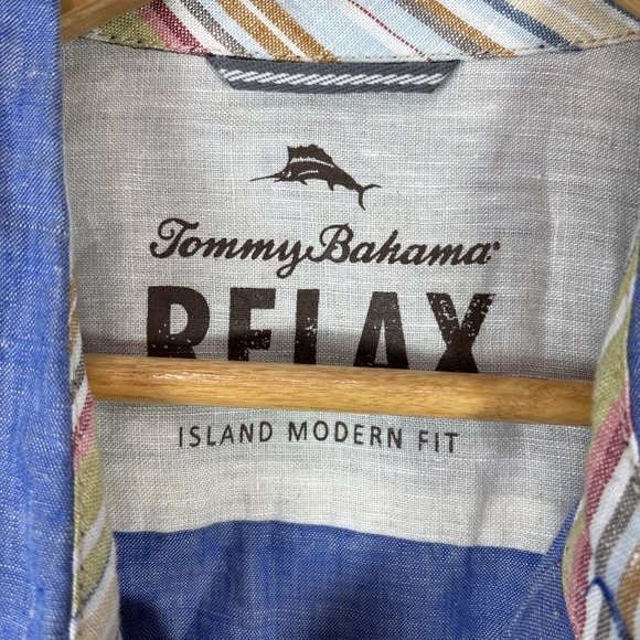 Tommy Bahama Island Modern Fit Blue Button Down Shirt Large 100% Linen - Picture 3 of 12